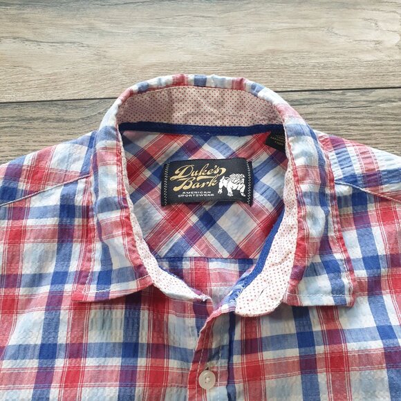 Dukes Bark Men L Plaid Short Sleeve Button Up Shirt Seersucker Casual Patriotic - Picture 4 of 8
